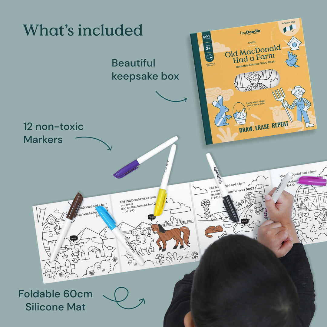 HEY DOODLE OLD MACDONALD HAD A FARM TALES - REUSABLE COLOURING BOOK