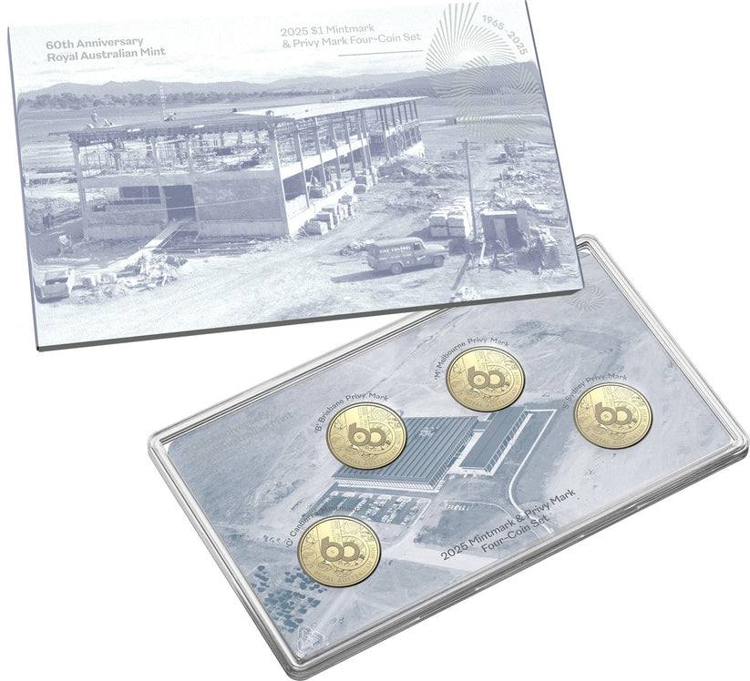 ROYAL AUSTRALIAN MINT 2025 4 COIN $1 UNC ALBR MINTMARCK & PRIVYMARK SET-MINT 60TH ANNIVERSARY