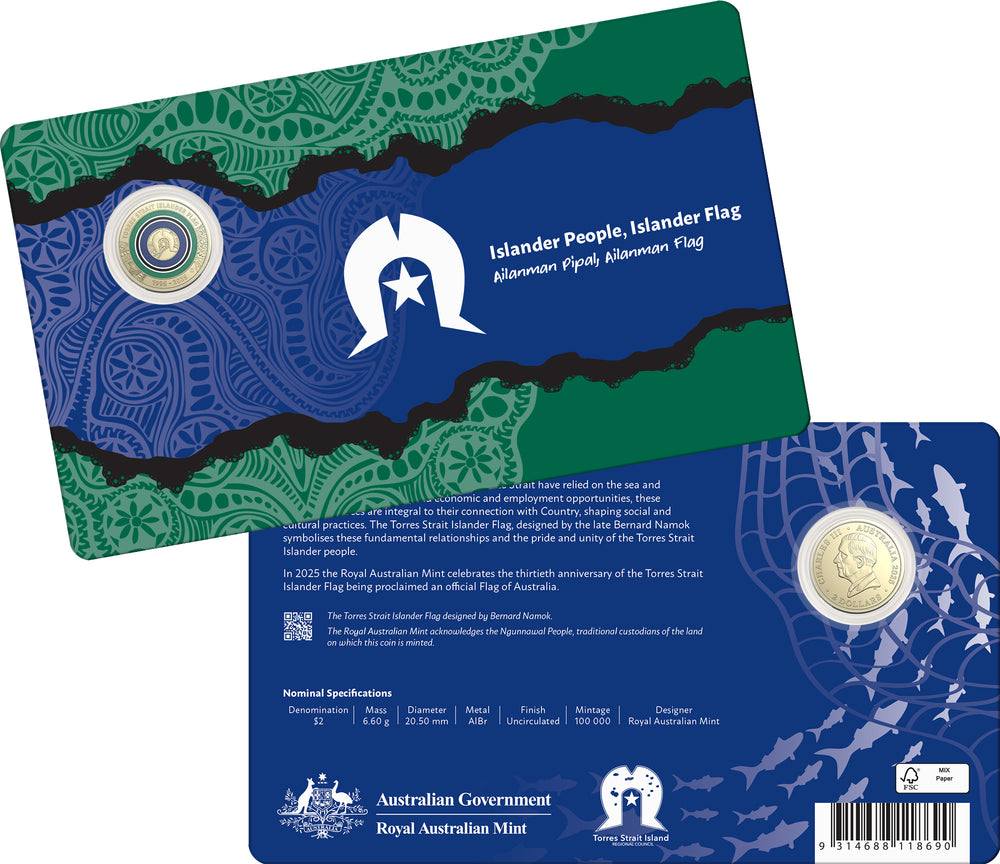 ROYAL AUSTRALIAN MINT 2025 $2 UNC ALBR COLOURED C MINTMARK 30TH ANNIVERSARY OF THE TORRES STRAIT ISLANDER FLAG CARDED COIN