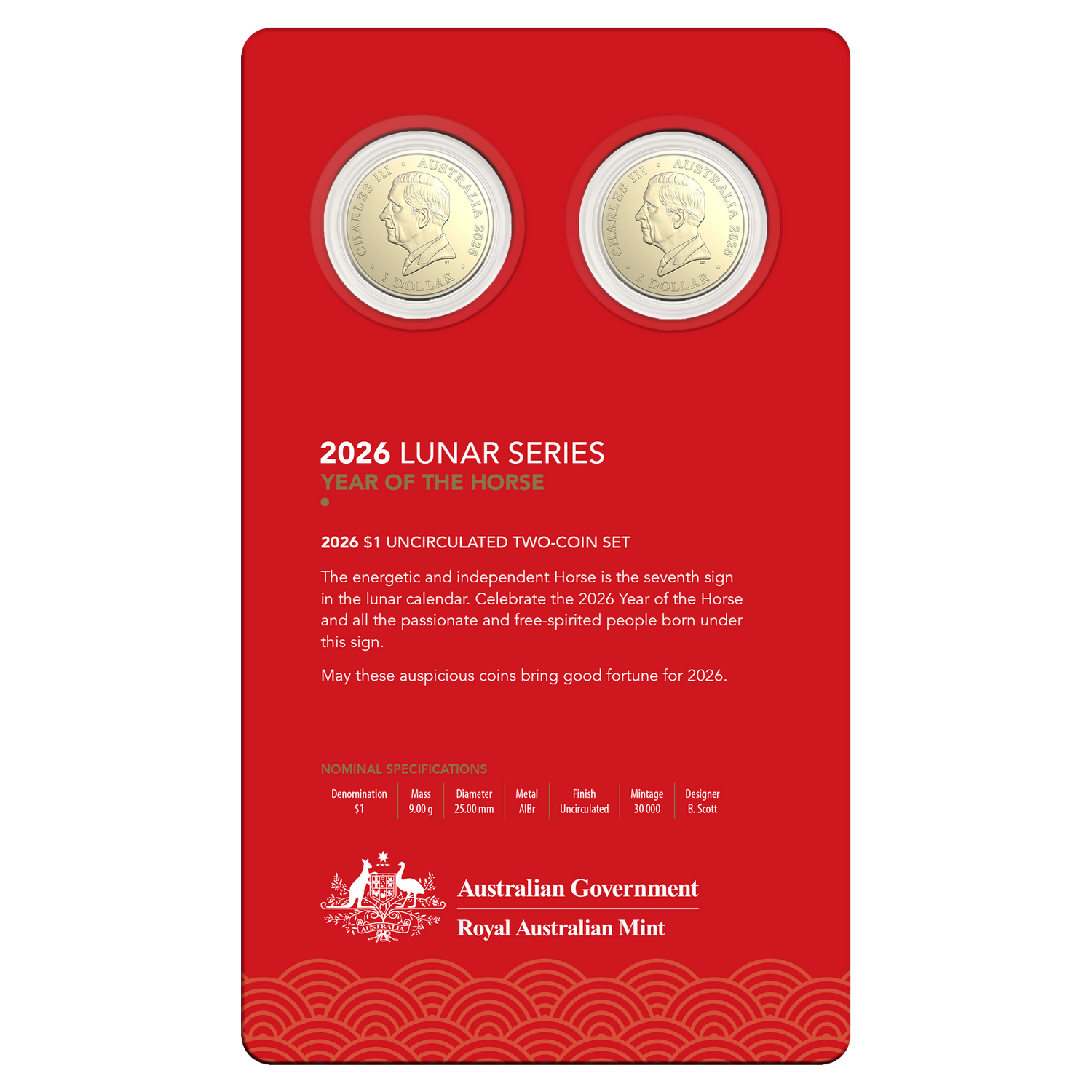 ROYAL AUSTRALIAN MINT COIN PACK $1 UNC 2026 ALBR 25MM 2 COIN SET - YEAR OF THE HORSE