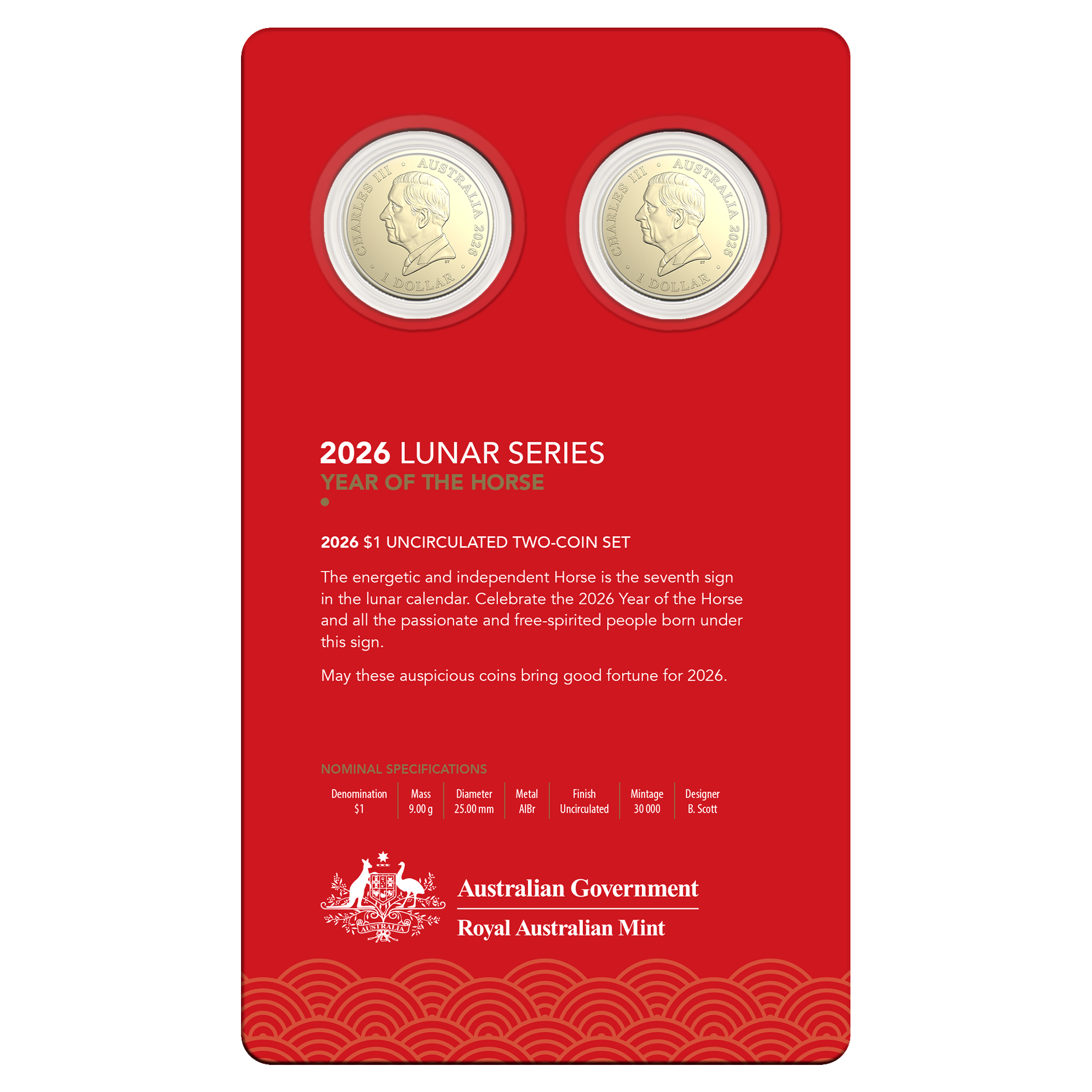 ROYAL AUSTRALIAN MINT COIN PACK $1 UNC 2026 ALBR 25MM 2 COIN SET - YEAR OF THE HORSE