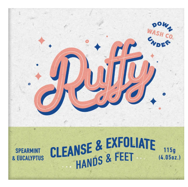 Ruffy Cleanse & Exfoliate - Hand & Feet Soap Bar Sodium Cocoate (Coconut Oil), Sodium Olivate (Olive Oil), Tasmanian Water, Spearmint Essential Oil, Eucalyptus