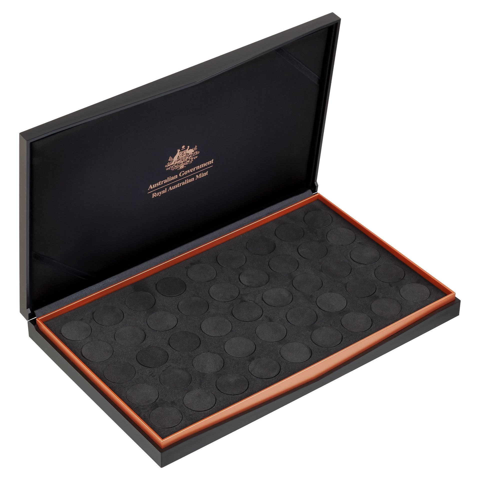 ROYAL AUSTRALIAN MINT PRESENTATION CASE 45 COIN SET X $2 PROOF WITH BRONZE TRIM (SIZE - 320MM X 201MM X 35MM)