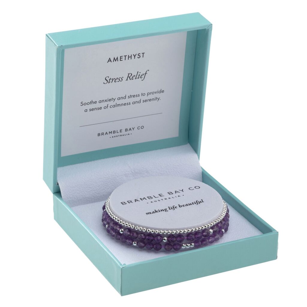 BB TRIO BRACELET SET - AMETHYST (4MM) &amp; SILVER PLATED BEAD (3MM) STRESS RELIEF 