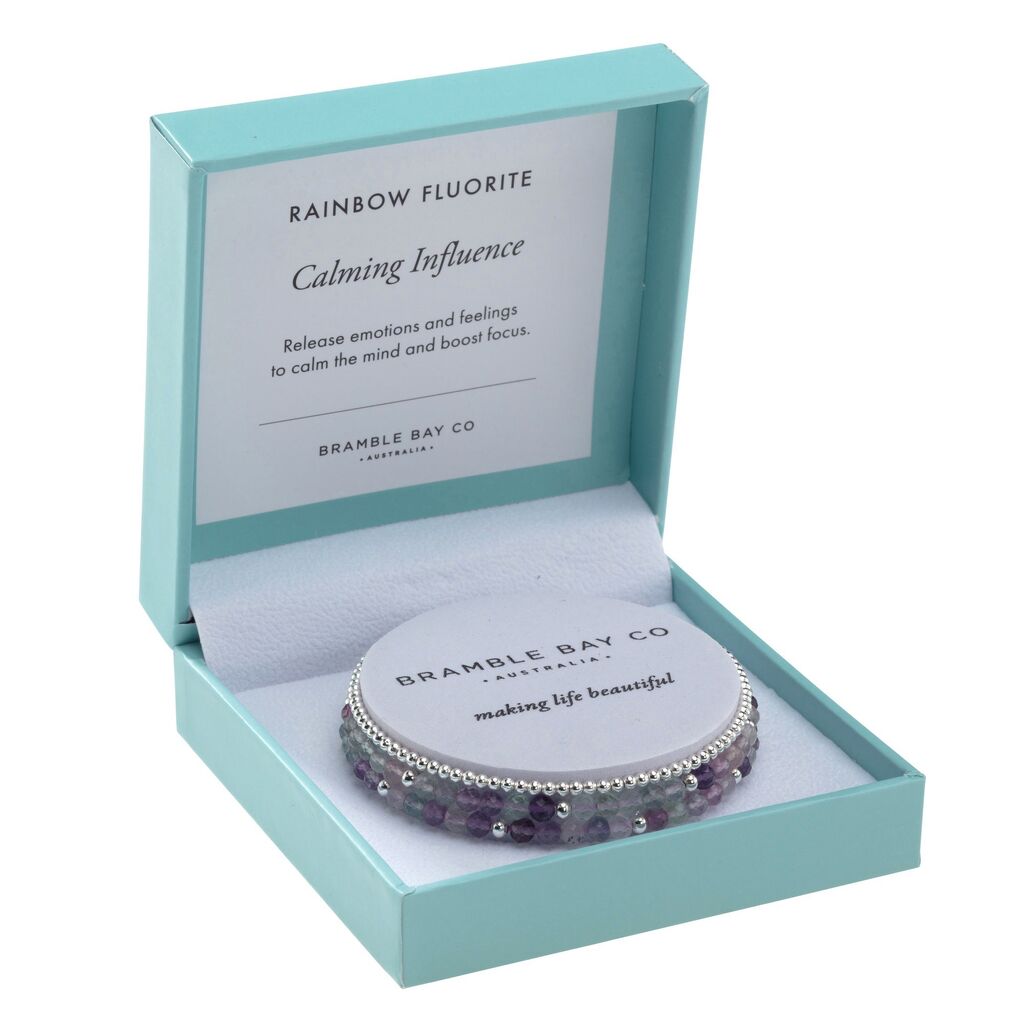 BB TRIO BRACELET SET - RAINBOW FLUORITE (4MM) &amp; SILVER PLATED BEAD (3MM) CALMING INFLUENCE 
