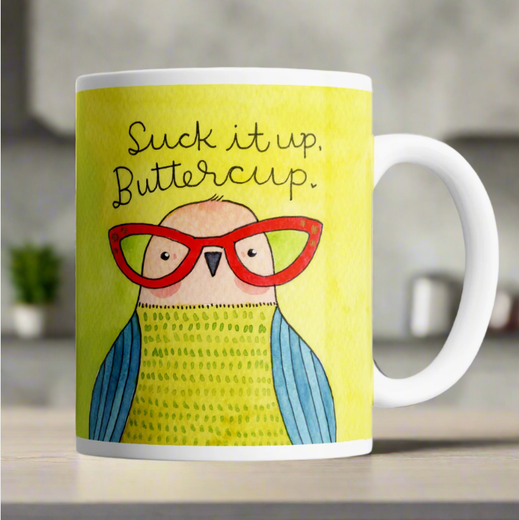 DISRUPTED INDUSTRIES SUCK IT UP BUTTERCUP DERPY BIRD MUG
