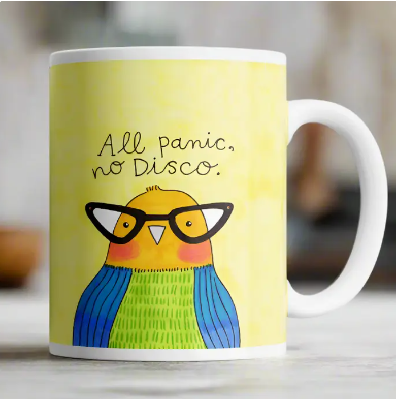 DISRUPTED INDUSTRIES ALL PANIC, NO DISCO DERPY BIRD MUG