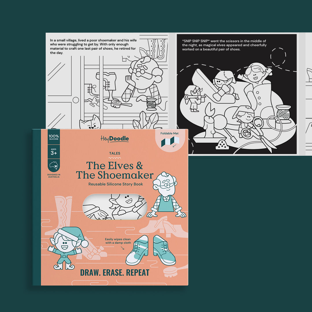 HEY DOODLE THE ELVES &amp; THE SHOEMAKER TALES - REUSABLE COLOURING BOOK 