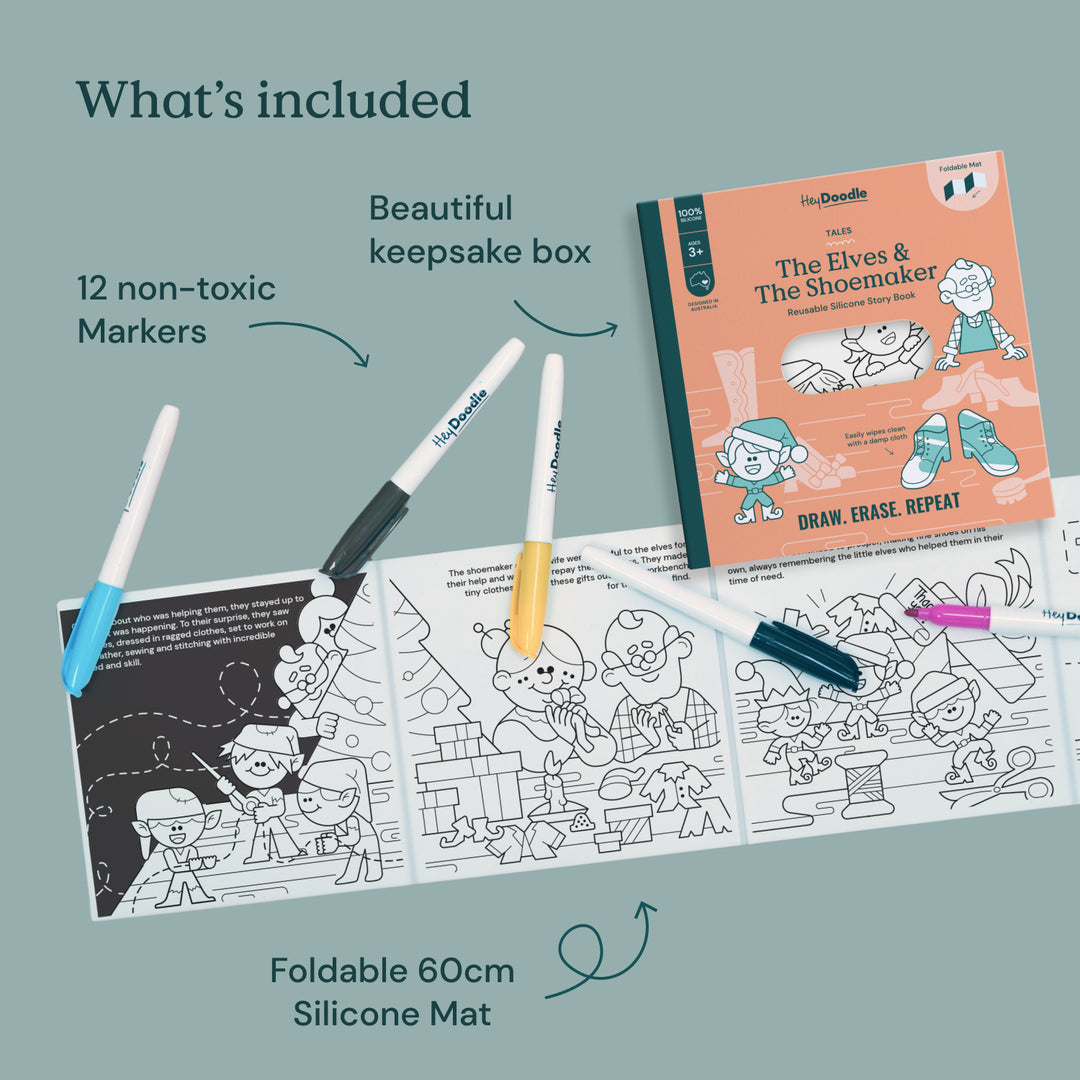 HEY DOODLE THE ELVES &amp; THE SHOEMAKER TALES - REUSABLE COLOURING BOOK 