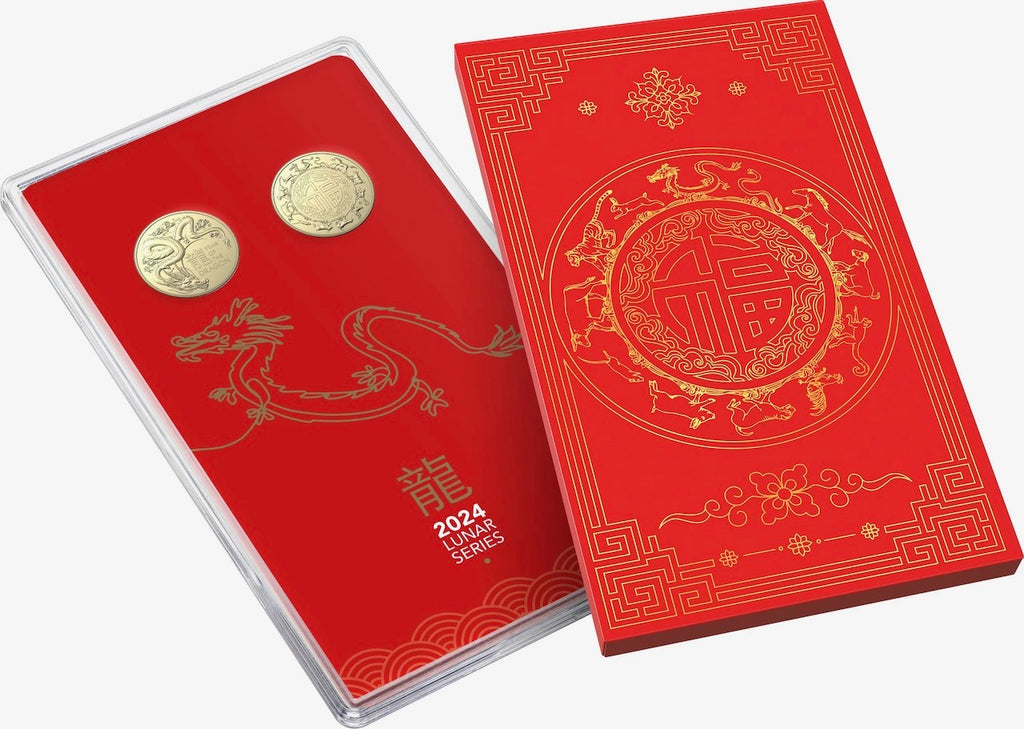 ROYAL AUSTRALIAN MINT COIN PACK $1UNC 2024 ALBR 25MM 2 COIN SET - YEAR OF THE DRAGON