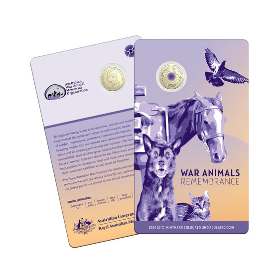 ROYAL AUTRALIAN MINT COIN PACK $2 2024 UNC ALBT COLOURED C MINTMARK WAR ANIMALS REMEMBRANCE (PURPLE POPPY) **DELAYED SHIPPING** 