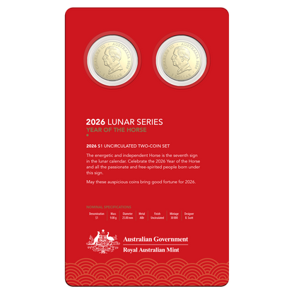 ROYAL AUSTRALIAN MINT COIN PACK $1 UNC 2026 ALBR 25MM 2 COIN SET - YEAR OF THE HORSE