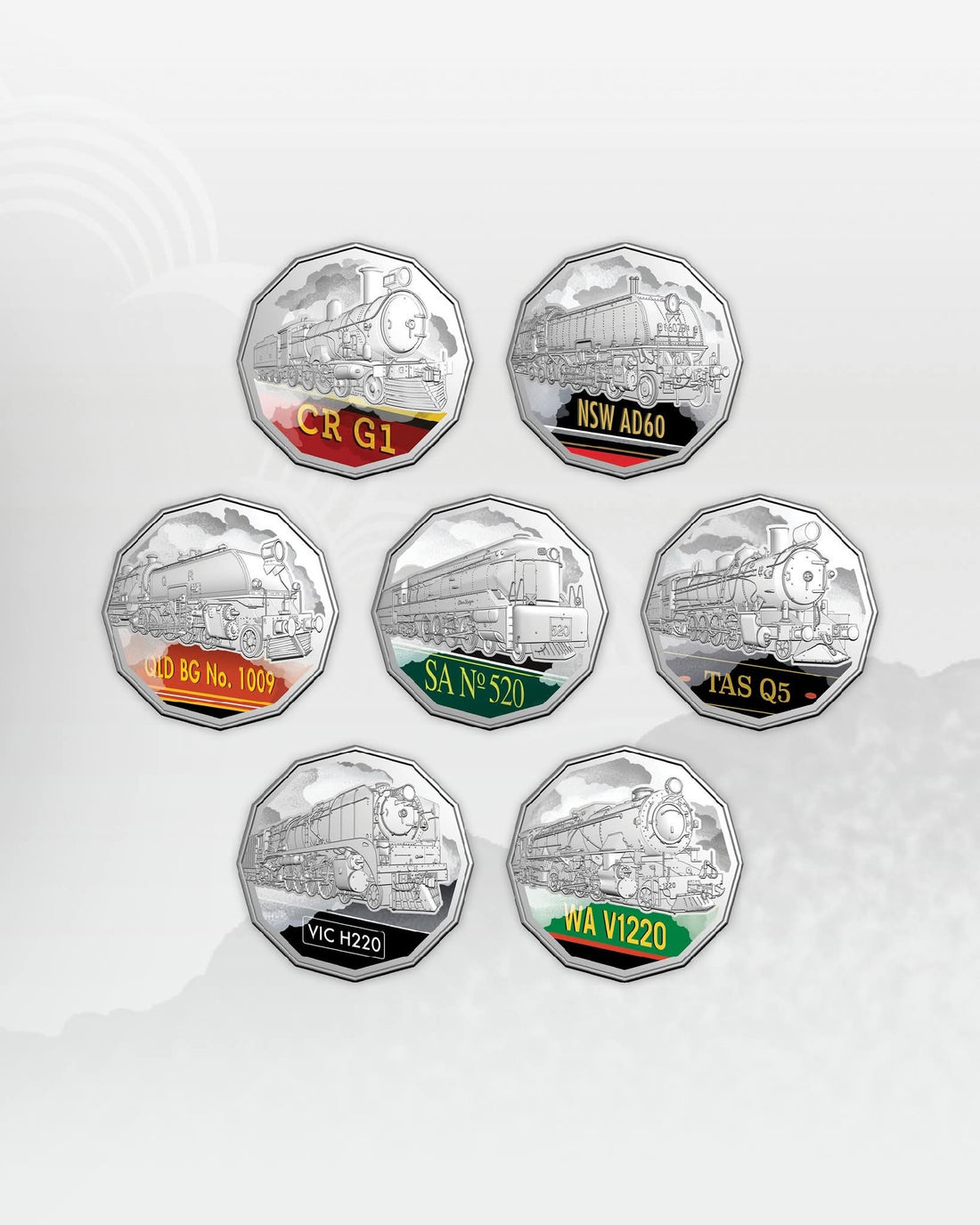 ROYAL AUSTRALIAN MINT STEAM GIANTS 2025 SEVEN COIN SET 50C COLOURED UNC