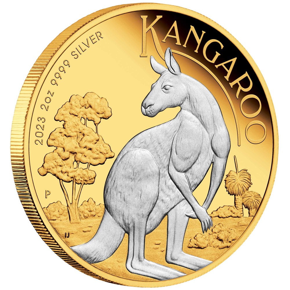 THE PERTH MINT AUSTRALIAN KANGAROO 2023 2OZ SILVER REVERSE GILDED COIN