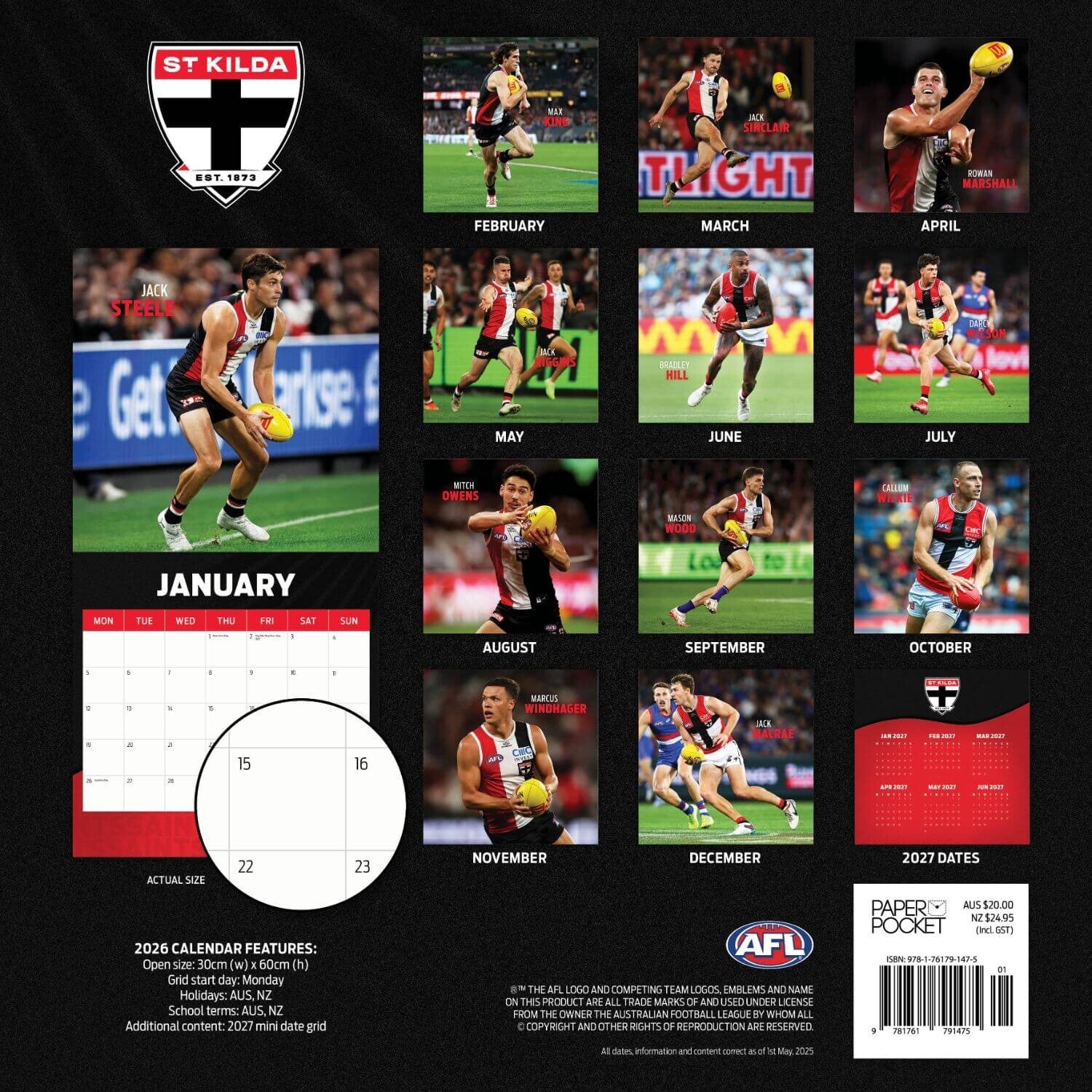 AFL ST KILDA SAINTS CALENDAR: 2026